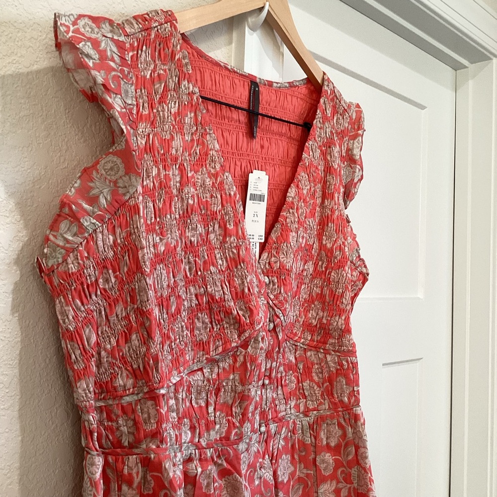 Anthropologie Peregrine Mini Dress Sleeveless V-Neck Smocked New 2X Coral Floral - Picture 6 of 14